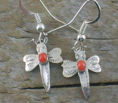 Native American Earrings Sterling Butterfly Coral